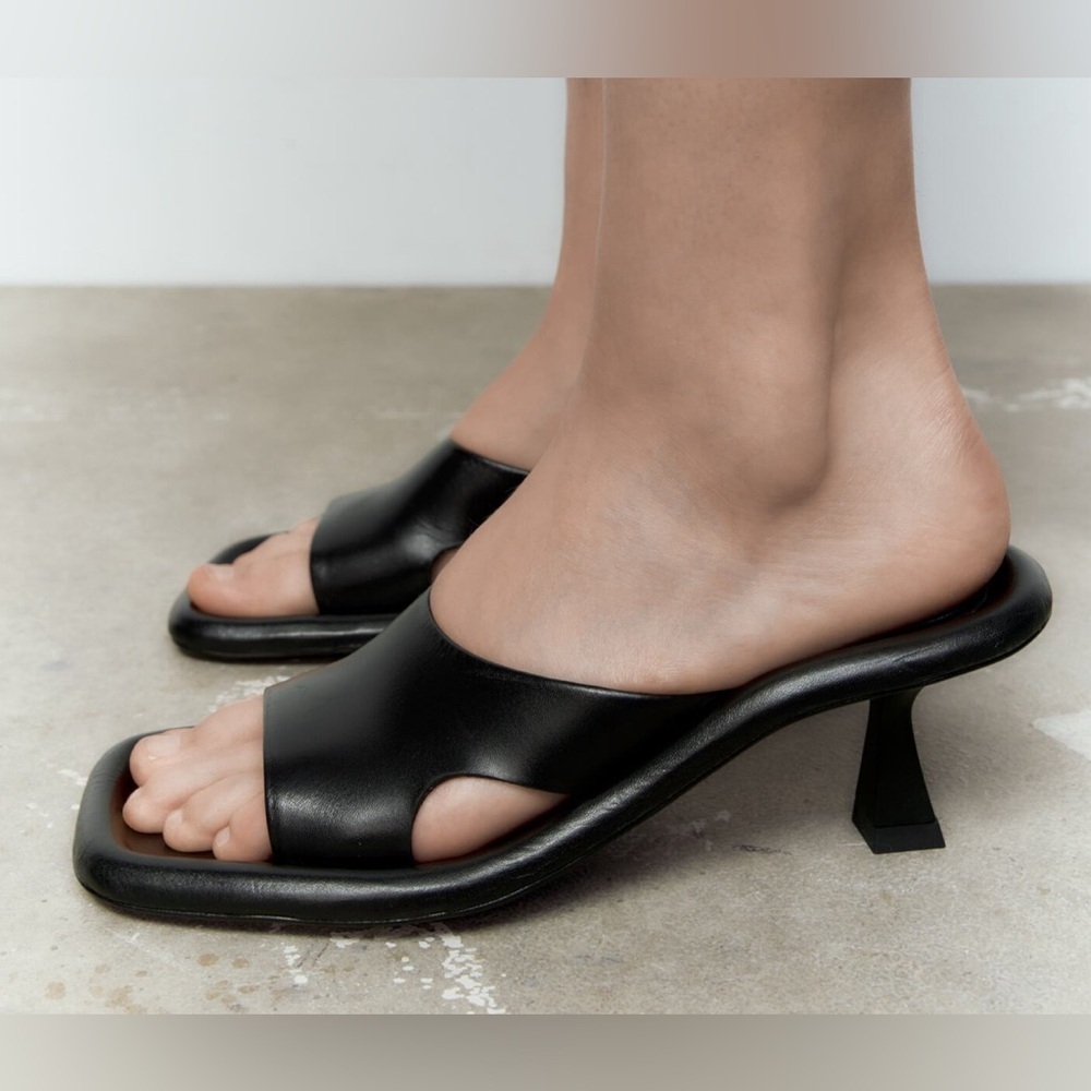 Zara | Black Leather Heeled Mules - Picture 1 of 12